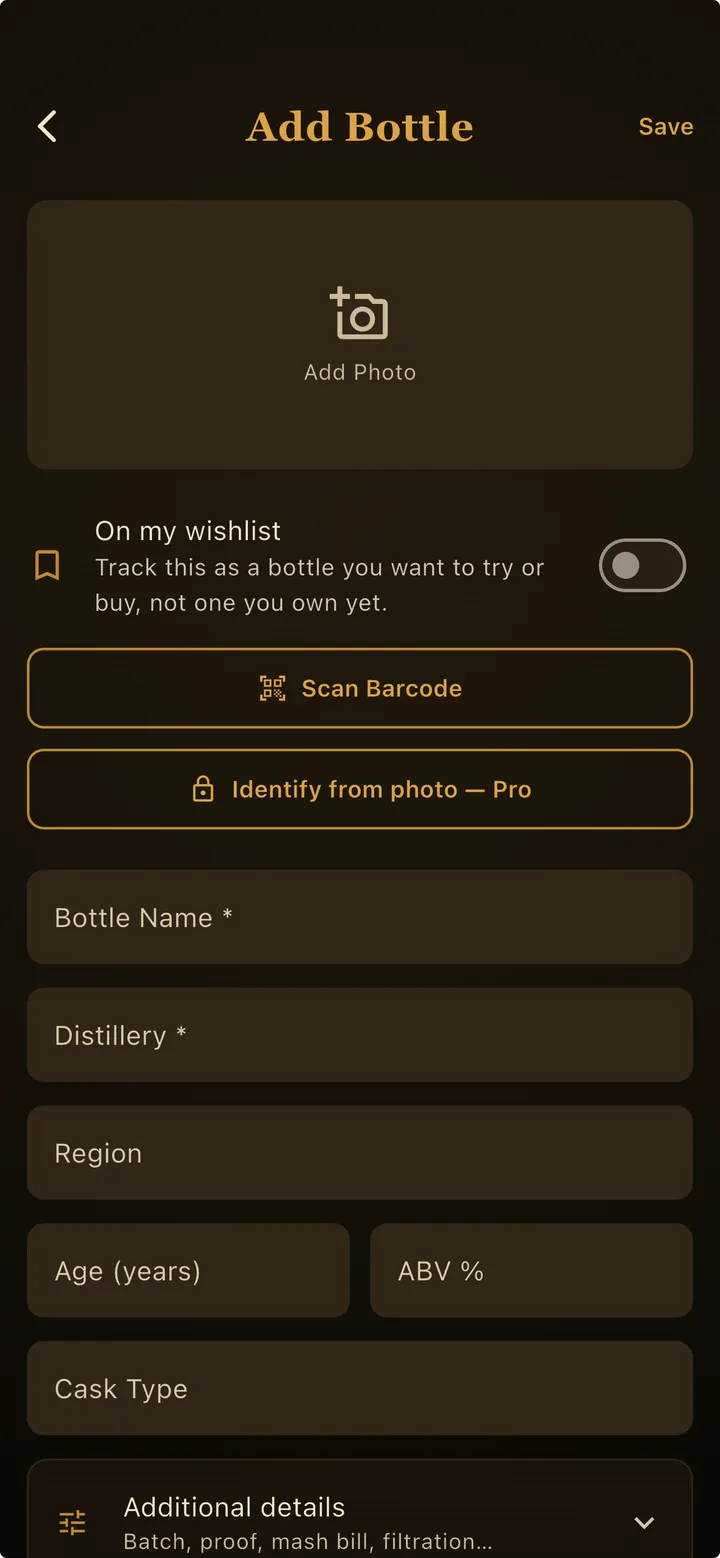 Whiskey Thief Add Bottle screen with Scan Barcode and Identify from photo