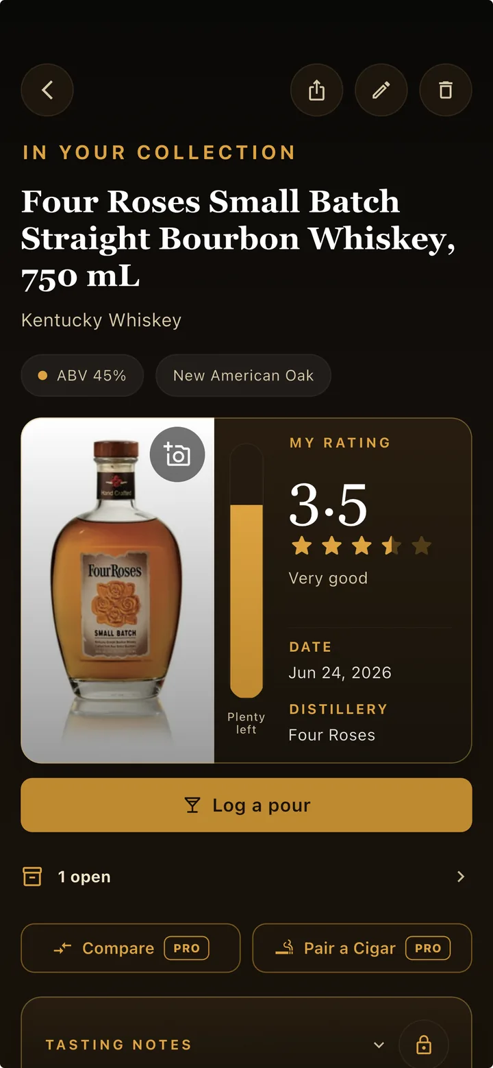 Whiskey Thief bottle detail screen showing a rating, tasting notes, and a Log a pour button