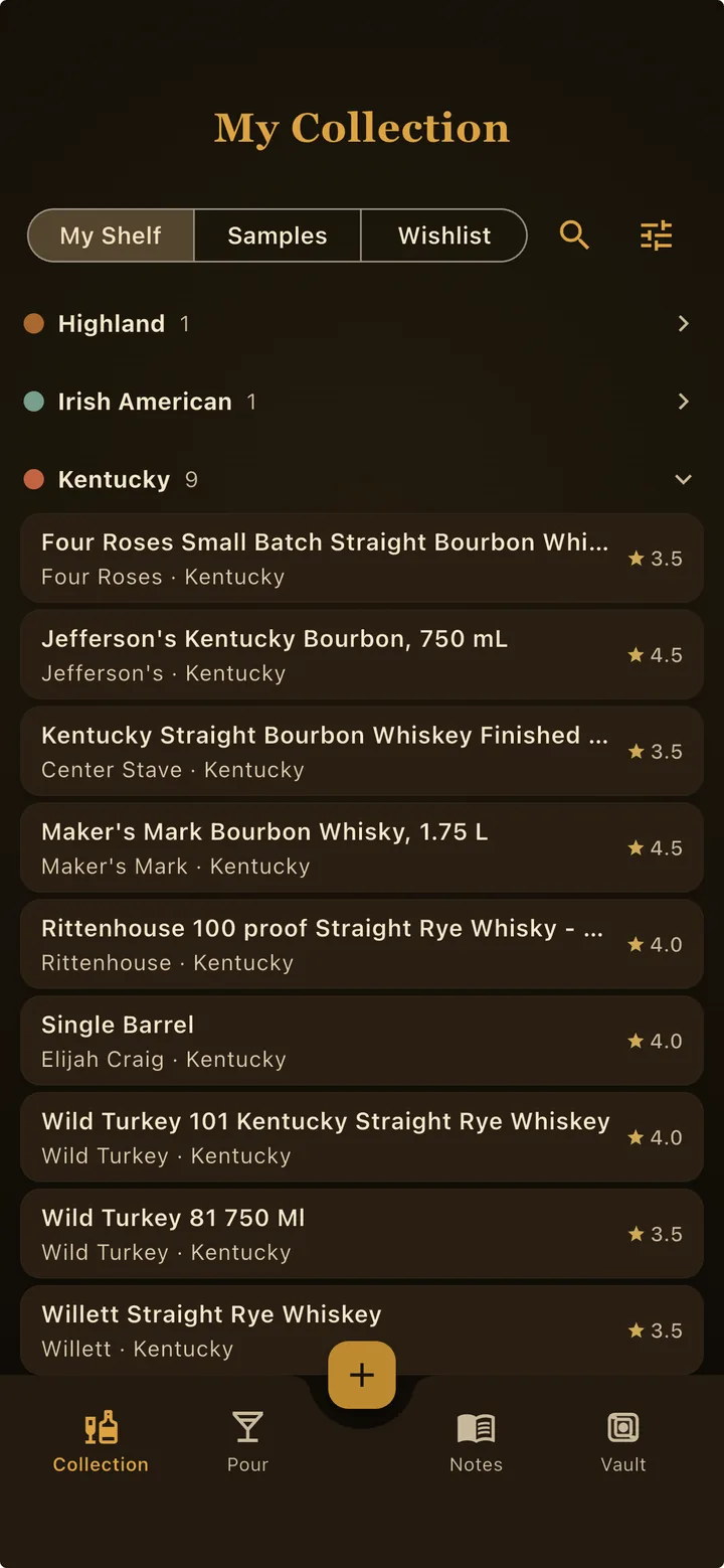 Whiskey Thief My Collection screen showing a shelf of whiskey bottles