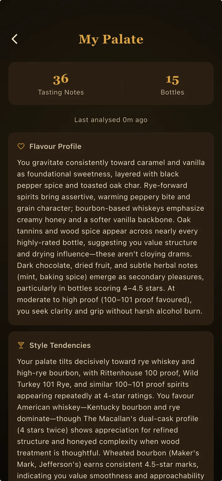 Whiskey Thief My Palate screen with an AI flavour profile and style tendencies