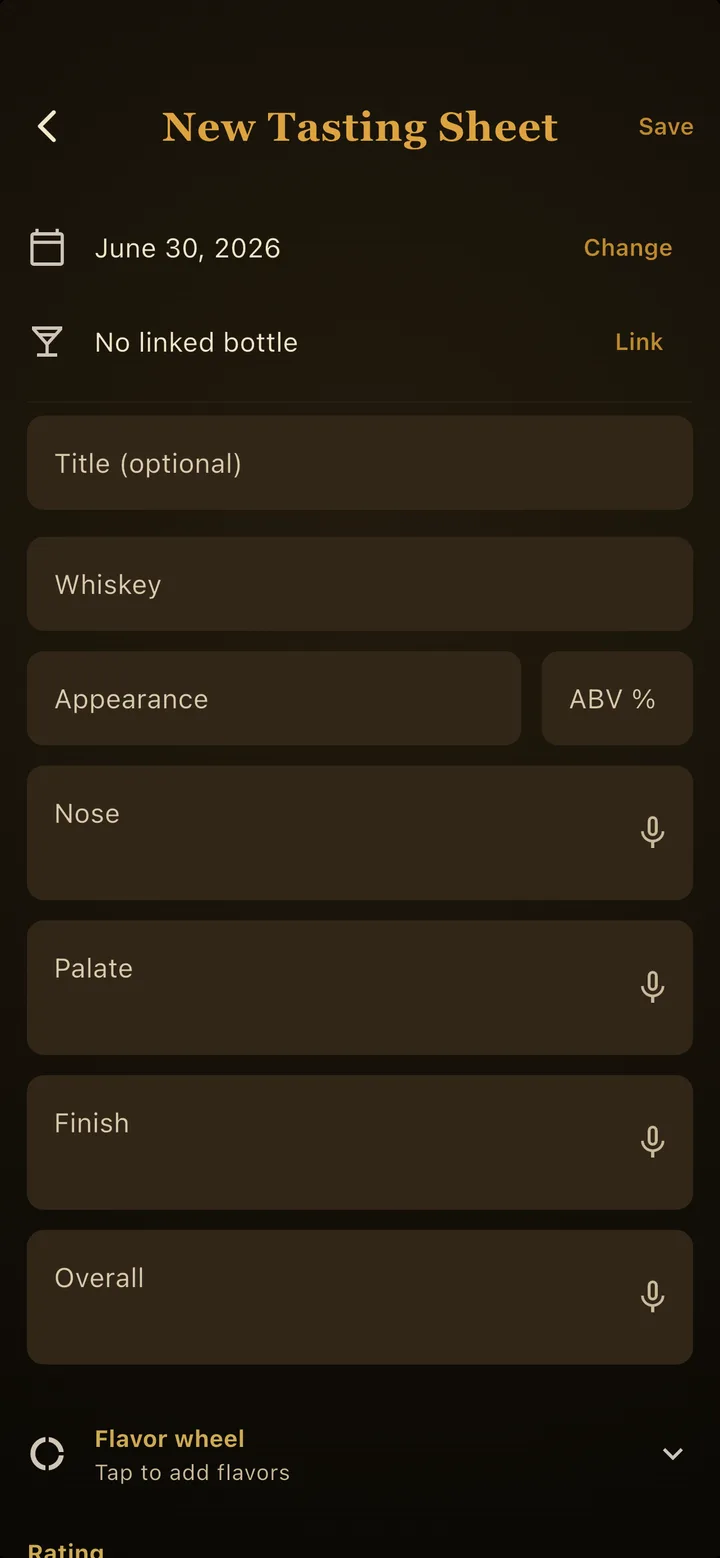 Whiskey Thief new tasting sheet with nose, palate, and finish