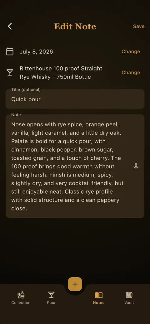 Whiskey Thief tasting note for a rye whiskey describing nose, palate, and finish