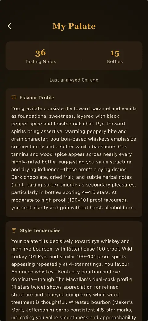 Whiskey Thief My Palate screen with an AI flavour profile
